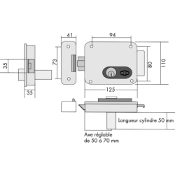 Serrure électrique en applique cylindre rond pour grille - longueur : 50 mm - réversible