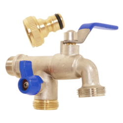 Robinet d'eau extérieur double sortie 20 x 27 - Entrée 15 x 21 - Vanne arrêt - Laiton chromé