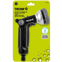 Pistolet d'arrosage multi jets - 9 jets - Bi matière Métal - Techn'O Fitt - Noir et gris