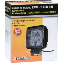 Phare de travail carré 9 LED 10/32V 27W 1800lm faisceau large