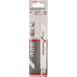 Lame scie sabre bois métal Bosch S 922 VF Flexible for Wood and Metal 150x19x0,9mm lot de 5