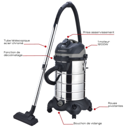Aspirateur eau et poussière 30L 230V 1200W cuve inox fonctions décolmatage/souffleur
