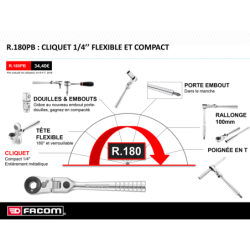 Cliquet 1/4 ultra-compact Facom tête flexible 180° pour embouts 1/4