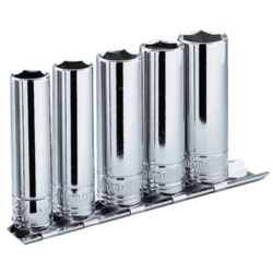 Jeu de 5 douilles 1/4 longues 6 pans Facom sur rack métallique