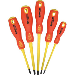 Jeu de 5 tournevis électricien Drakkar isolés 1000V plats 3 - 4 - 5.5 cruciformes PH1 PH2