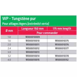 Électrode tungstène pur WP couleur Vert longueur 150 mm Ø3.2mm 150-180A - Étui de 10