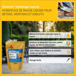 Hydrofuge de masse liquide bétons et mortiers - SikaCem Hydrofuge Liquide - Dosette 500ml