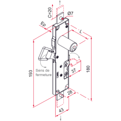 Serrure 3 points crochet décalé acier électrozingué épaisseur 13 mm