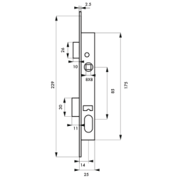 Serrure à encastrer à cylindre axe 14 mm et entraxe 85 mm 3 clés avec cylindre en 30x30mm