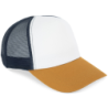 Casquette trucker écoresponsable 5 panneaux unisexe coloris Ivory / Curcuma / Navy Blue