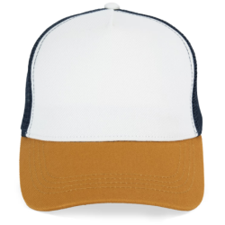 Casquette trucker écoresponsable 5 panneaux unisexe coloris Ivory / Curcuma / Navy Blue