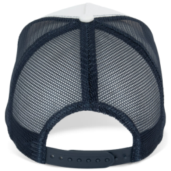 Casquette trucker écoresponsable 5 panneaux unisexe coloris Ivory / Curcuma / Navy Blue