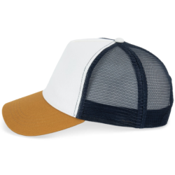 Casquette trucker écoresponsable 5 panneaux unisexe coloris Ivory / Curcuma / Navy Blue