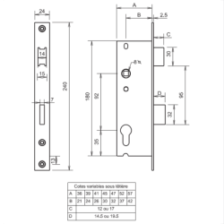 Serrure à encastrer 1 point pour porte métallique entraxe 92 mm pêne dormant et 1/2 tour
