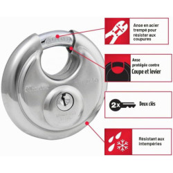 Cadenas disque anse rétractable en acier boîtier inox avec clé 501
