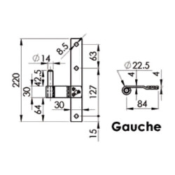 Gond à té gauche acier zingué 220mm axe diamètre 14mm