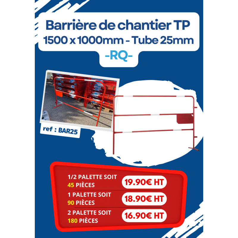 Barrière de chantier rouge et blanche en acier 1500 X 1000 mm - Tube 25 mm - plaque latérale