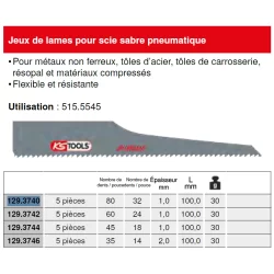Jeu de 5 lames métal KS Tools pour scie sabre pneumatique slimPOWER