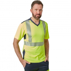 T-shirt haute visibilité manches courtes PBV 100% polyester recyclé jaune et bleu marine