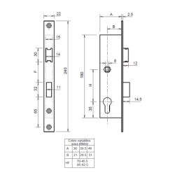 Serrure à encastrer 1 point pour porte métallique entraxe 70 mm pêne dormant et 1/2 tour