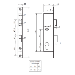 Serrure à encastrer Metalux série 7 Entraxe 70 Axe cylindre 16.5 mm L28 mm