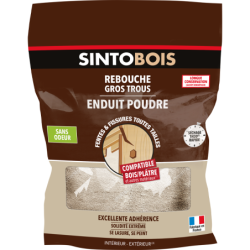 Enduit poudre rebouche bois - Fentes, gros trous, fissures - SintoBois - Bois clair - Sachet 1 kg