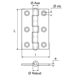 Charnière rectangulaire acier zingué blanc ép.1mm dimensions 80x45mm