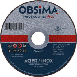 Disque à tronçonner inox et acier OBSIMA alésage 22.23 mm 125mm 1.6mm