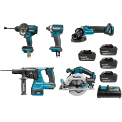 Ensemble de machines Makita DHP492+DTD154+DHR243+DHS680+DGA506+BL1850X4+DC18RD